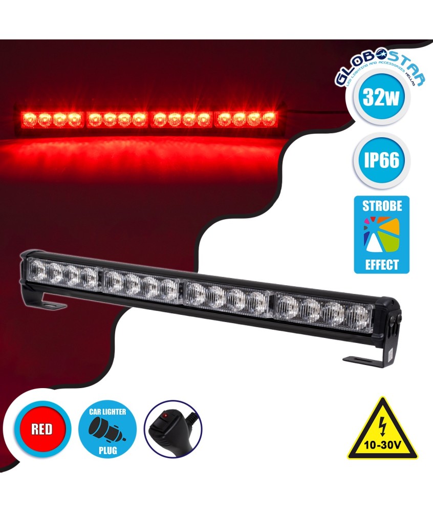 GloboStar® 85272 PRO Series Μπάρα Σήμανσης Οχήματος Πυροσβεστικής για Αυτοκίνητα & Φορτηγά 16 Προγραμμάτων Φωτισμού STROBE LED SMD 3030 32W DC 10-30V Αδιάβροχη IP66 Κόκκινο